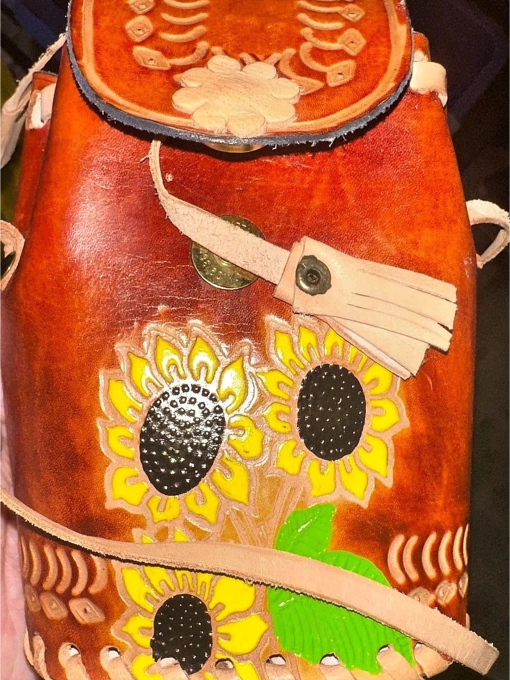 Genuine Hand Tooled Leather Mexican Sunflower Artisan Backpack Boho Purse
